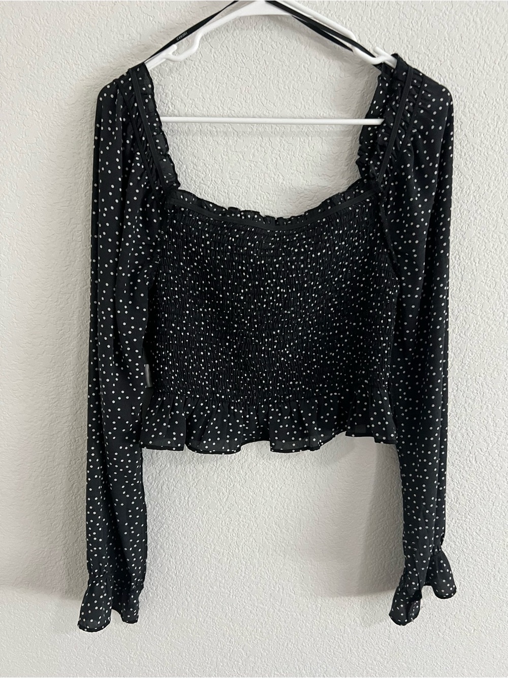 Forever 21 Black Polka Dot Smocked Square-Neck Long Sleeve Top